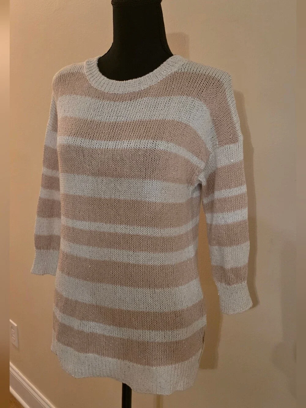 Saks Sparkley Ladies Striped Crewneck Sweater in Tan & White (Med) Viscose Blend